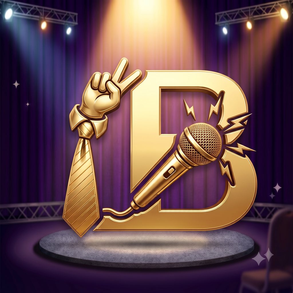 The Believing Room emblem: a golden letter B with a microphone and a necktie, on a lit stage with purple curtains.
